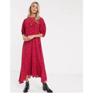 Free People Jessie Ditsy Floral Print Puff Sleeve Boho Red Pink Midi Dress